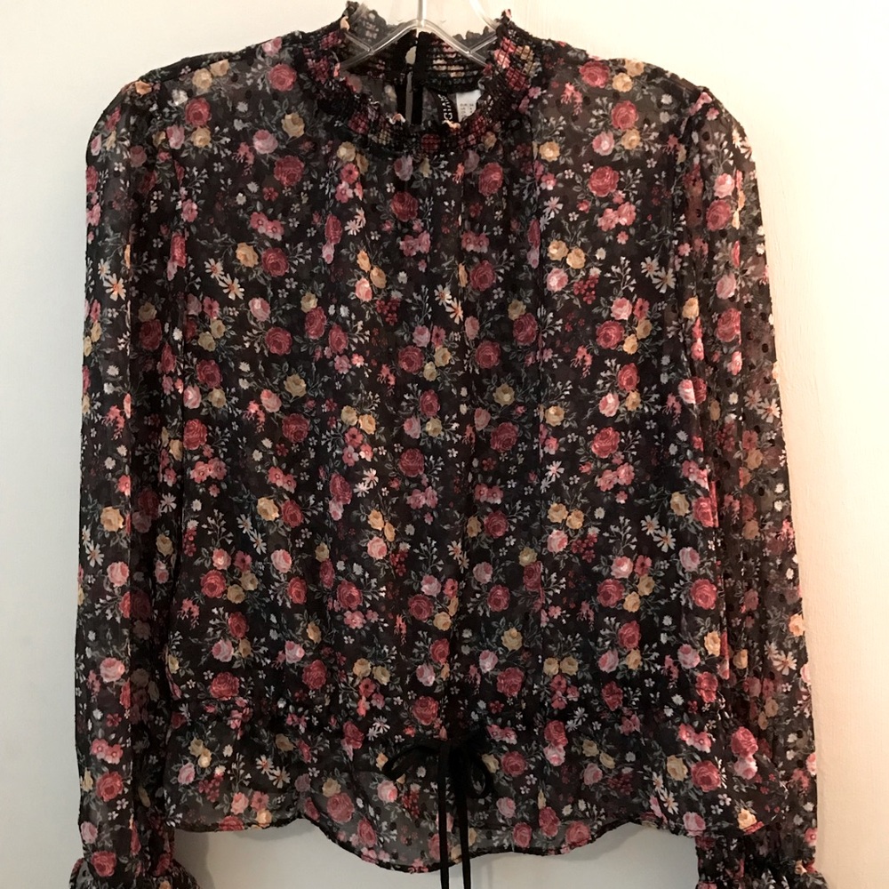 H&M Divided Floral Print Semi-Sheer Shirred Blousy Top